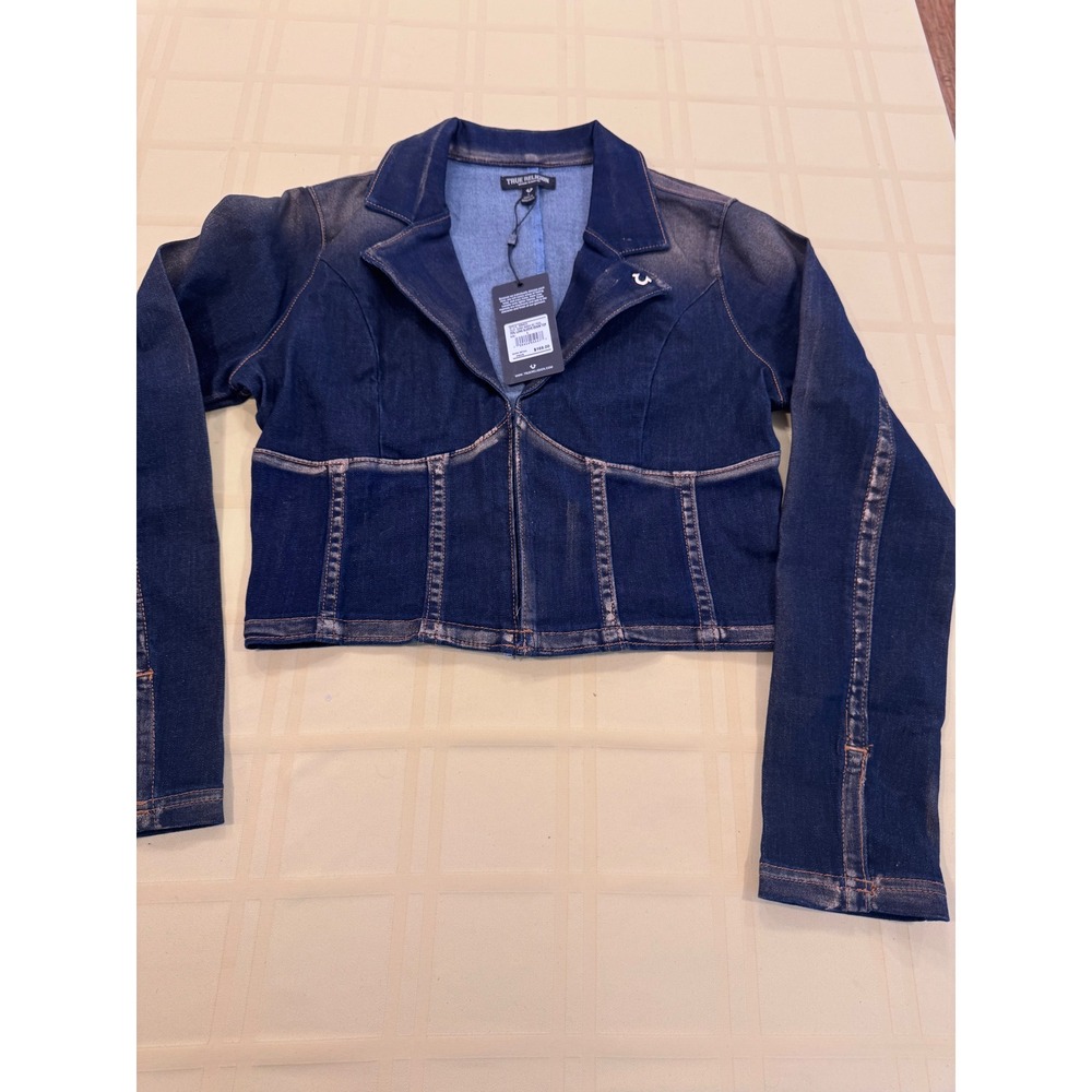 True Religion Dark Wash Foil Denim Top Cropped Blazer Jacket 209422 L NEW